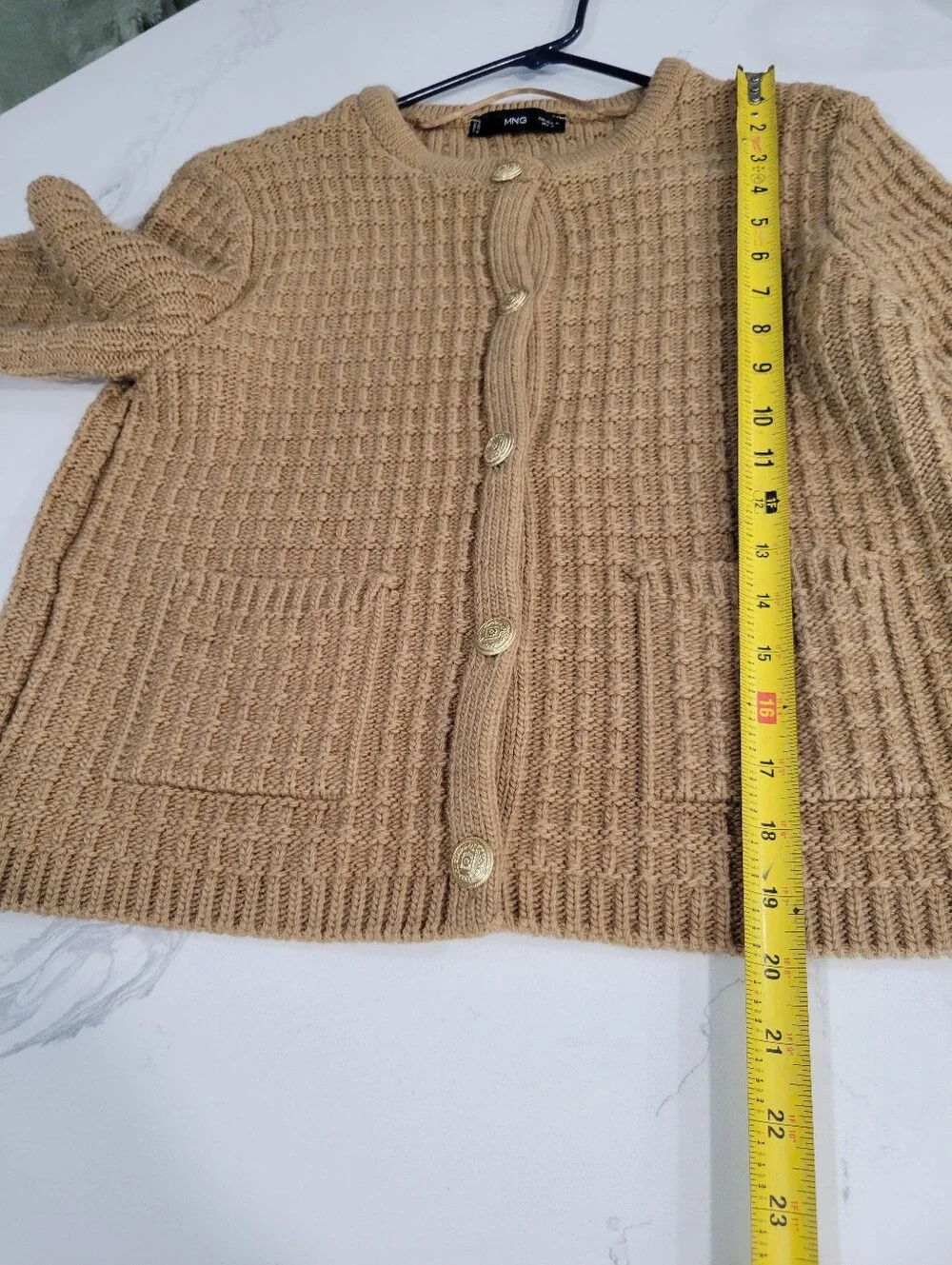 Mango Tan/Camel Old Money Ribbed Knit Gold Button-Front Cardigan Medium